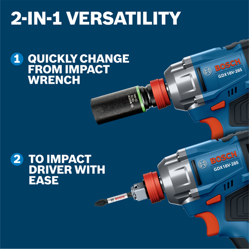 2-in-1 versatility of the Bosch GDX18V-285 18V Two-In-One Impact Driver/Wrench changing from impact wrench to impact driver.