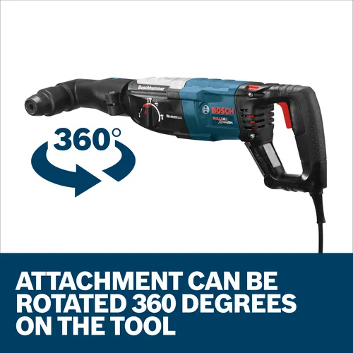 The image shows that the Bosch RHA-50 SDS-plus® Right Angle Attachment can be rotated 360 degrees on the rotary hammer.