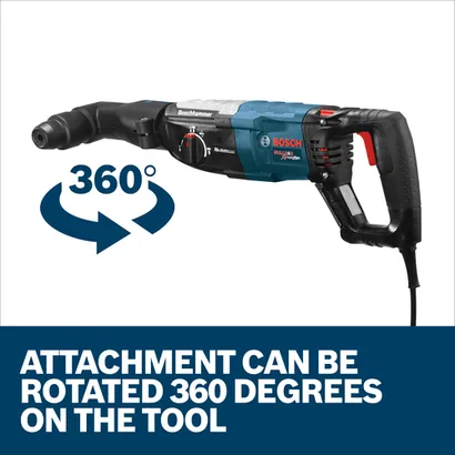 The image shows that the Bosch RHA-50 SDS-plus® Right Angle Attachment can be rotated 360 degrees on the rotary hammer.