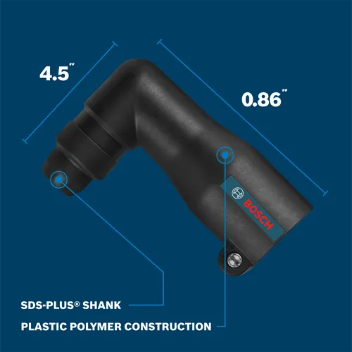 A walkaround image of the Bosch RHA-50 SDS-plus® Right Angle Attachment displaying features and sizes.