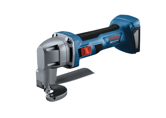 The Bosch GSC18V-16E 18V 16-Gauge Metal Shear with Lock-On Slide Switch on a white background.