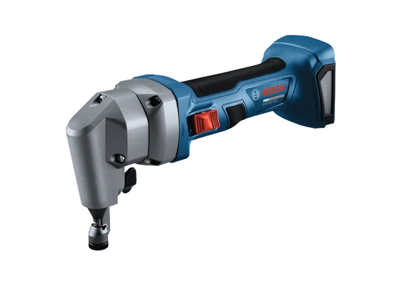 The Bosch GNA18V-16E 18V 16-Gauge Nibbler With Lock-On Slide Switch on a white background.