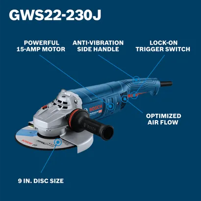 A walkaround image of the Bosch GWS22-230J 9 In. Angle Grinder pointing to features of the grinder.