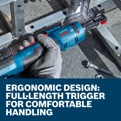 The worker using the Bosch GRC18V-60N 18V Cordless Ratchet to tighten screws on iron bars.