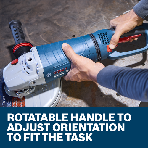 A worker pressing a button to rotate the handle on a Bosch GWS25-180PR 7 In. Large Angle Grinder in a workshop.