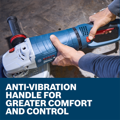 A worker is pressing the lock-on switch on the Bosch GWS25-230JR 9 In. Large Angle Grinder.