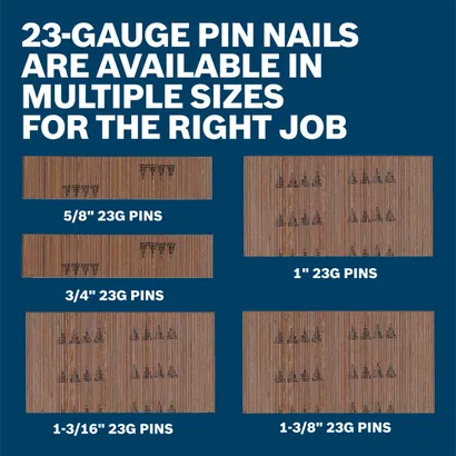 The image shows that Bosch GNH18V-35N 18V Brushless 23 Gauge Pin Nailer has nails in various sizes for the right job.