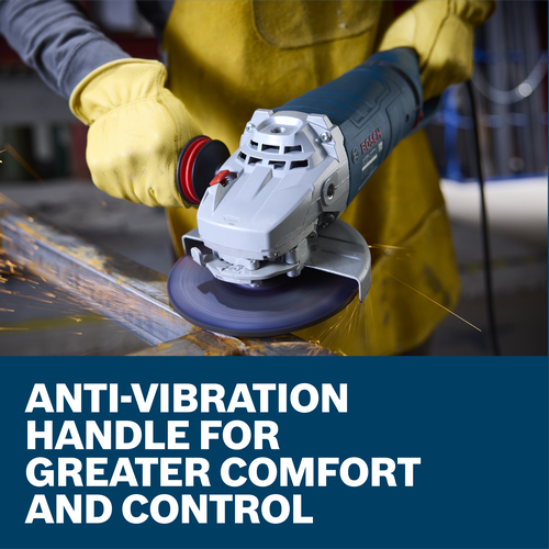 The worker using the Bosch GWS25-180JR 7 In. Large Angle Grinder to grind the edge of a piece of metal in a work shop.