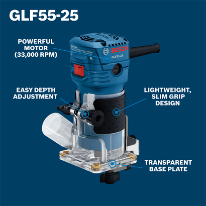 The Bosch GLF55-25 1/4 In. Laminate Trim Router in the walkaround view.