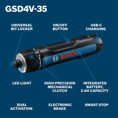 The Bosch GSD4V-35 4V Max Rechargeable Screwdriver in a walkaround view.