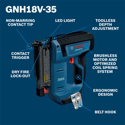 The Bosch GNH18V-35N 18V Brushless 23 Gauge Pin Nailer in a walkaround view.