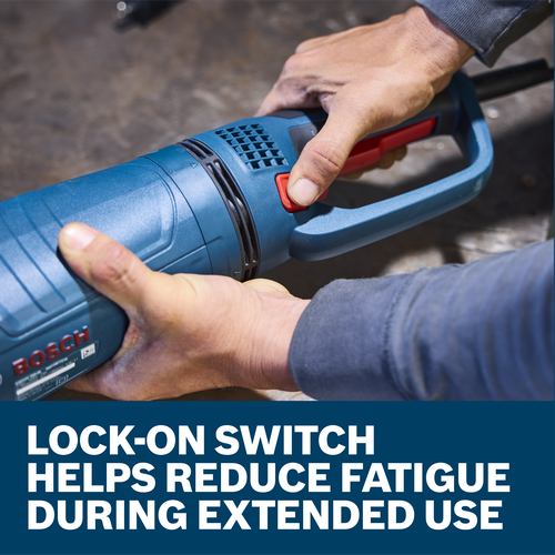 A worker is pressing the lock-on switch on the Bosch GWS25-230JR 9 In. Large Angle Grinder.
