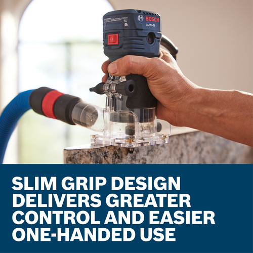 The worker using the Bosch GLF55-25 1/4 In. Laminate Trim Router in a woodworking application.