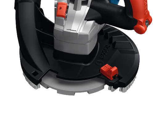 Bosch GBR18V-15S 5 In. Surface Grinder focusing in on the shroud, front and top of grinder.