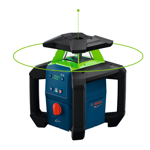 The Bosch GRL18V-4-34CVG 18V Green-Beam Horizontal/Vertical Rotary Laser on product image dynamic view with laser on.