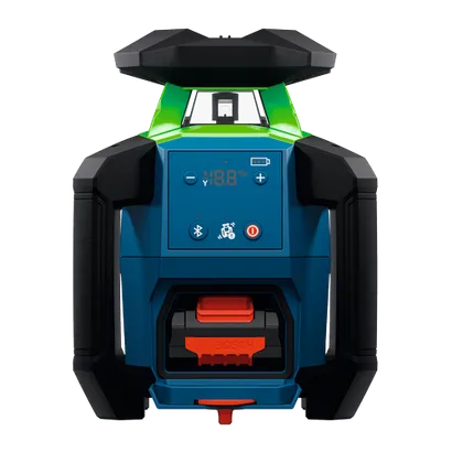 The Bosch GRL18V-4-34CVG 18V Green-Beam Horizontal/Vertical Rotary Laser on a mug-shot view on a white background.