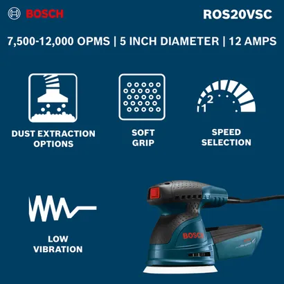 The Bosch ROS20VSC 5 In. Palm Random Orbit Sander/Polisher with a product information and features.