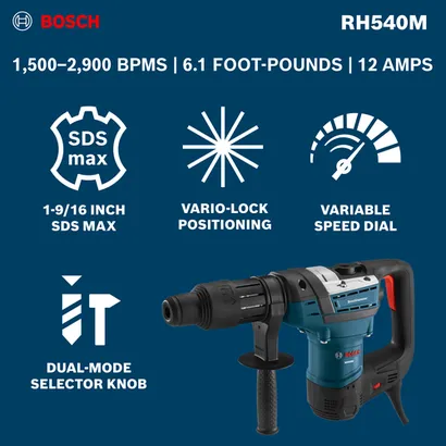 The Bosch RH540M SDS-max® 1-9/16 In. Combination Hammer with product information and features.