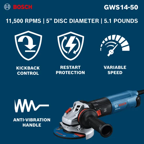 The Bosch GWS14-50 5 In. Angle Grinder with a product information and features.