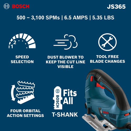 The Bosch JS365 6.5 Amp Top-Handle Jig Saw with a product information and features.