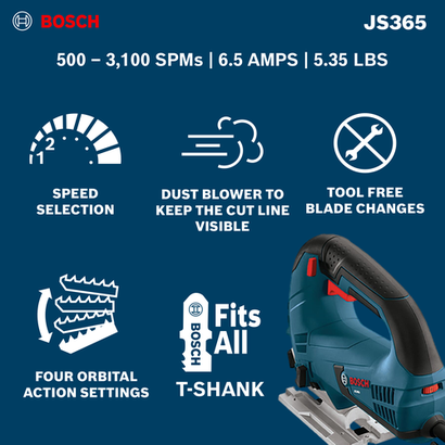The Bosch JS365 6.5 Amp Top-Handle Jig Saw with a product information and features.
