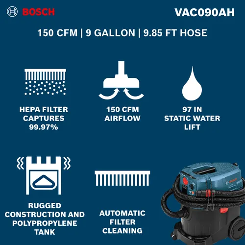 Bosch VAC090AH 9-Gallon Dust Extractor with Auto Filter Clean and HEPA Filter with a product information and features.