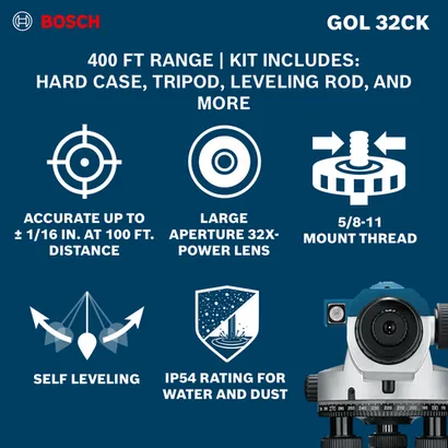 The Bosch GOL 32CK Automatic Optical Level Kit whit product information and features.