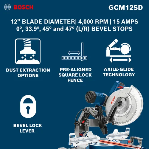 The Bosch GCM12SD 12 In. Dual-Bevel Glide Miter Saw with a product information and features.