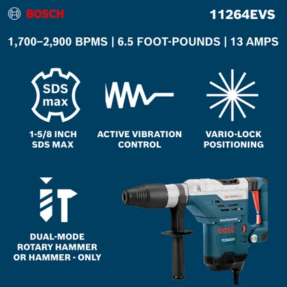 The Bosch 11264EVS SDS-max® 1-5/8 In. Combination Hammer with a product information and features.