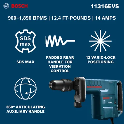 The Bosch 11316EVS 14 Amp SDS-max® Demolition Hammer with product information and features.