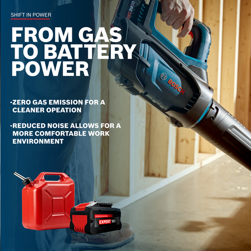Image of a worker using a Bosch GBL18V-450N PROFACTOR™ 18V Blower with information about the battery.