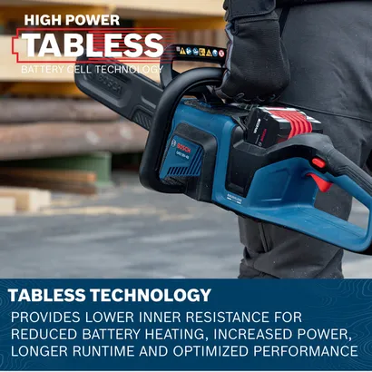 Image of worker holding a Bosch GKE18V-40N18X 18V 16 In. Chainsaw with EXBA18V-80 on a outdoor area.