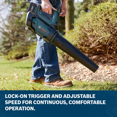 Image of worker blowing leaves with the Bosch GBL18V-450N PROFACTOR™ 18V Blower.