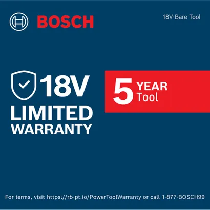 Image of the 5-year limited warranty for  18V tools kits on a blue background.
