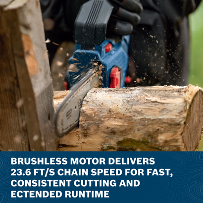 Image of worker using the Bosch GKE18V-20 18V 8 In. Pruning Saw to cut a tree trunk on a outdoor area.
