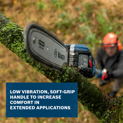 Image of worker using the Bosch GKE18V-25TPN 18V 10 In. Pole Chainsaw to cut tree branches on the top.