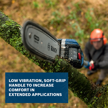 Image of worker using the Bosch GKE18V-25TPN 18V 10 In. Pole Chainsaw to cut tree branches on the top.