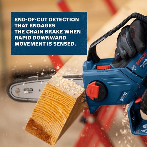 Image of worker using the Bosch GKE18V-20 18V 8 In. Pruning Saw to cut a wooden slats.