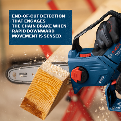 Image of worker using the Bosch GKE18V-20 18V 8 In. Pruning Saw to cut a wooden slats.