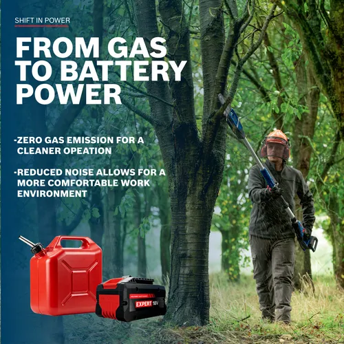 Worker using the Bosch GKE18V-25TPN 18V 10 In. Pole Chainsaw to cut tree branches in the woods.