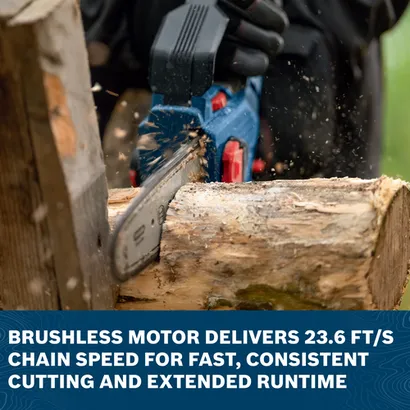 Image of worker using the Bosch GKE18V-20 18V 8 In. Pruning Saw to cut a tree trunk on a outdoor area.
