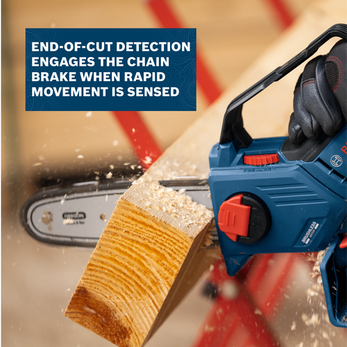 Image of worker using the Bosch GKE18V-20 18V 8 In. Pruning Saw to cut a wooden slats.
