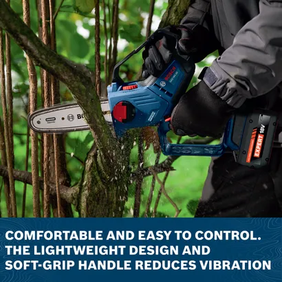 Image of worker using the Bosch GKE18V-20 18V 8 In. Pruning Saw to cut branches in an outdoor area.