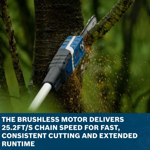 Image of worker using the Bosch GKE18V-25TPN 18V 10 In. Pole Chainsaw to cut tree branches.