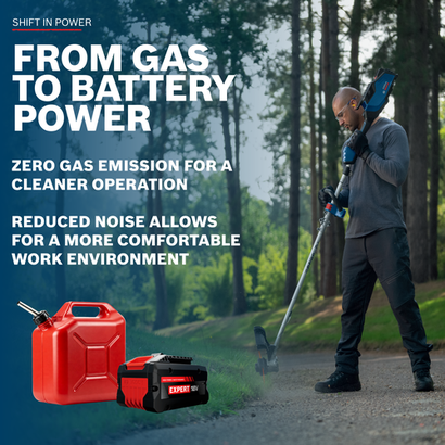 Image of worker using the Bosch GRT18V-40N 18V Brushless String Trimmer at outdoor area with and battery information.