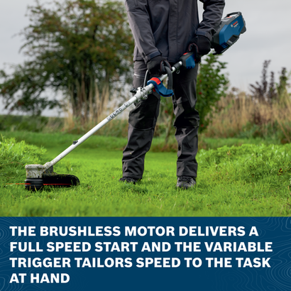 Image of worker using the Bosch GRT18V-40N 18V Brushless String Trimmer to cut grass on a plot of land.