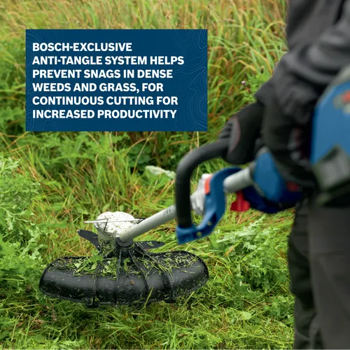 Close-up image of worker using the Bosch GRT18V-40N 18V Brushless String Trimmer to mow the grass in a backyard.