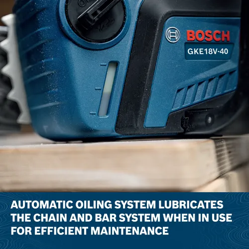 Image of close-up of the Bosch GKE18V-40N 18V 16 In. Chainsaw (Bare Tool) on top a wooden board.