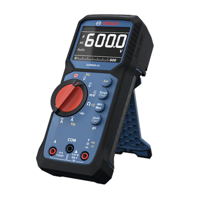 Bosch GDM600-15 digital multimeter with kickstand open product image with screen on on a white background.