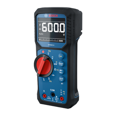 Bosch GDM600-15 digital multimeter product image with the screen on in an isometric view on a white background.